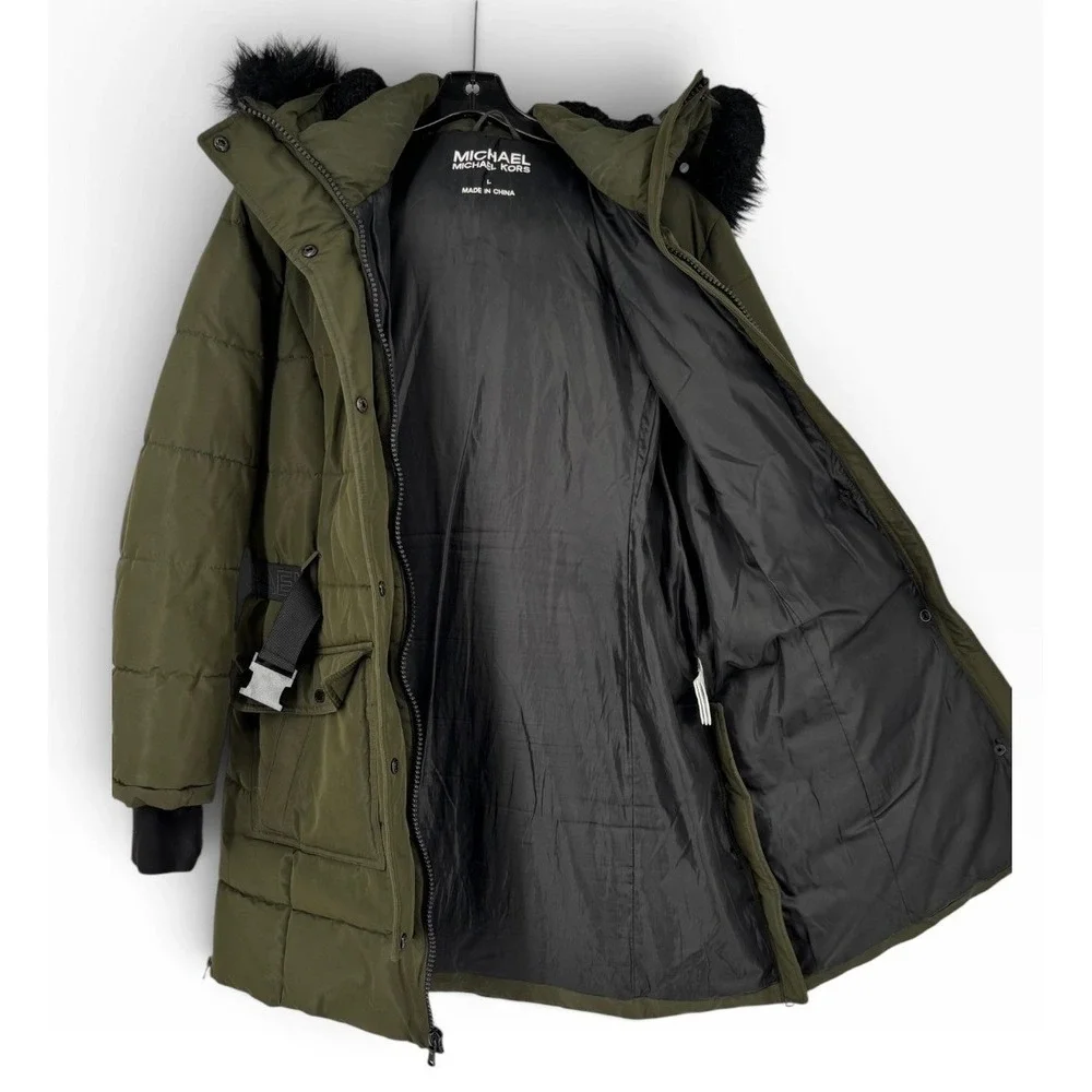 Michael Kors Puffer Parka Women Large Olive Green Belted Faux Fur Hood